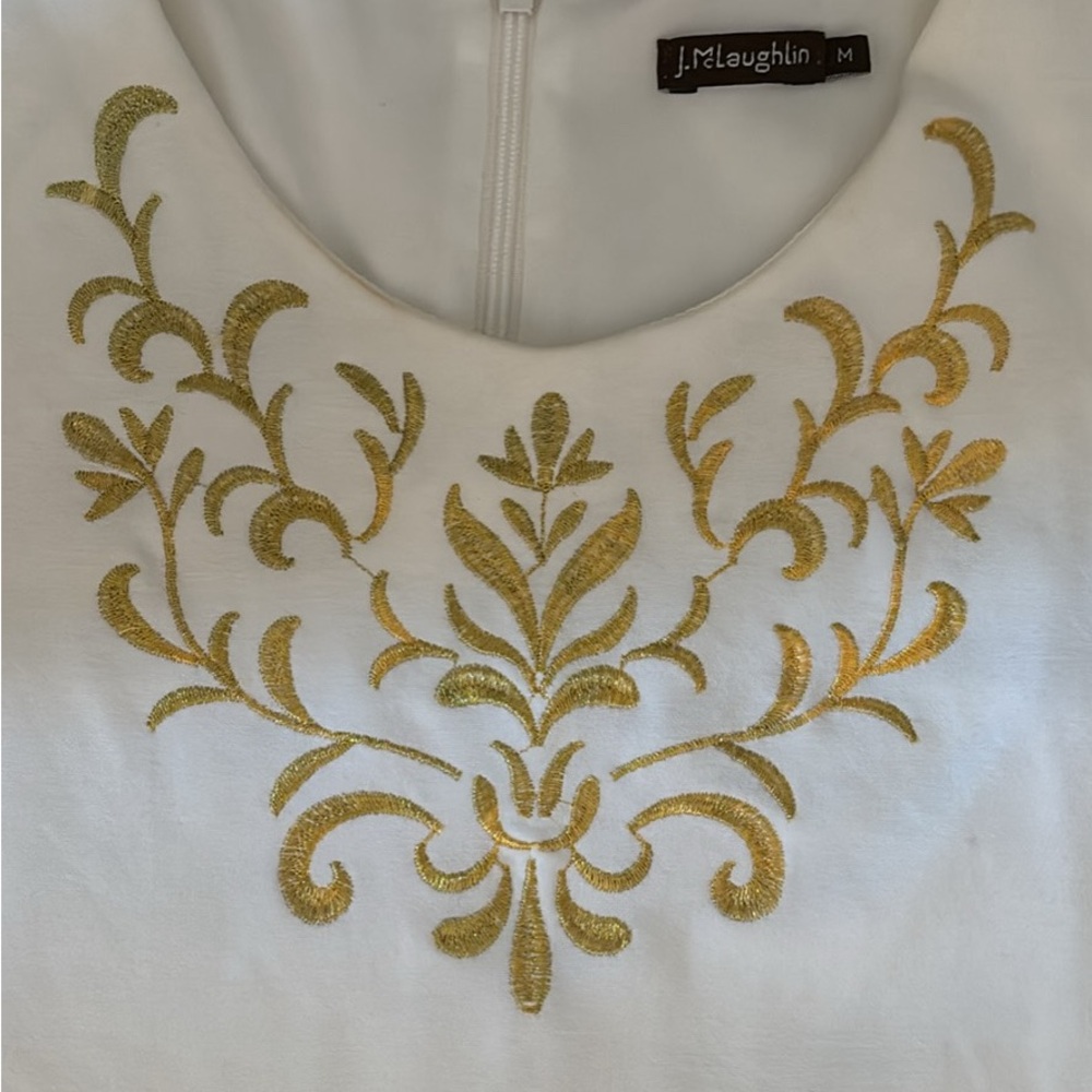 J. McLaughlin White and Gold Embroidered Women's Dress